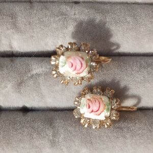 Vintage Pegasus Coro painted rose guilloche white crystals screw back earrings